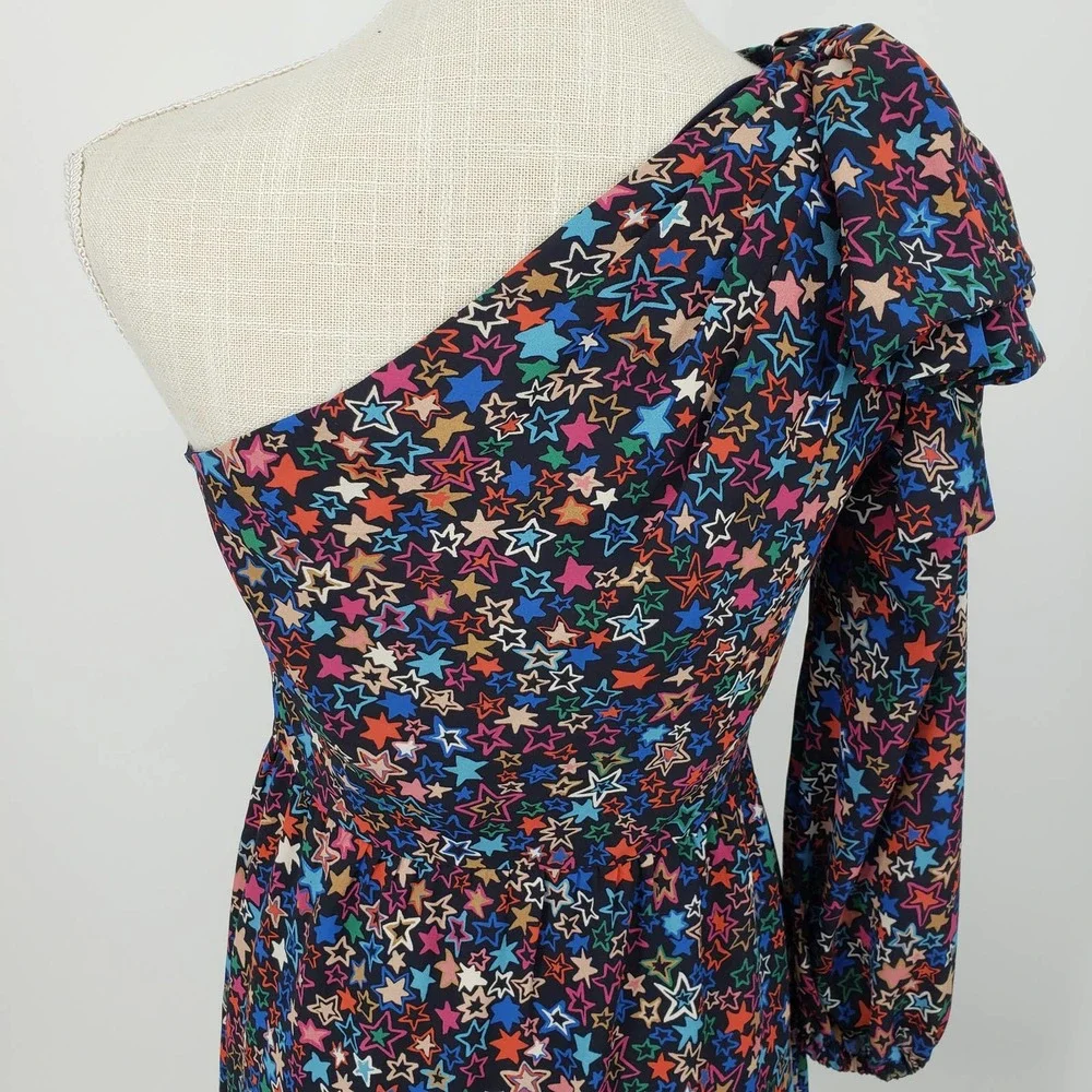 J Crew One Shoulder Dress 0 Kaleidoscope Star A Line Ruffle Hem Navy‎ Blue H2660